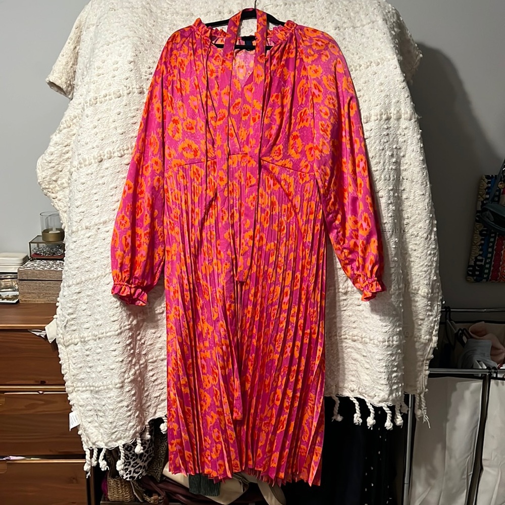 Pink and orange pleated midi dress